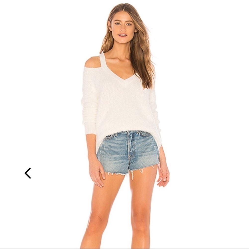 Lovers + Friends ZaZa White Fuzzy Cold Shoulder Sweater